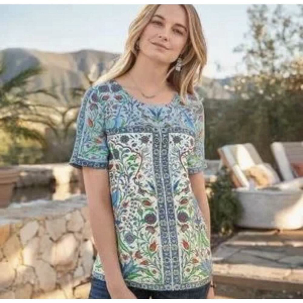 SUNDANCE Izmir Top Silk S Printed Blouse Peacock Boho Short Sleeve Artsy